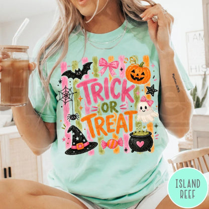 Comfort Colors Trick Or Treat Coquette Pink Halloween Tee