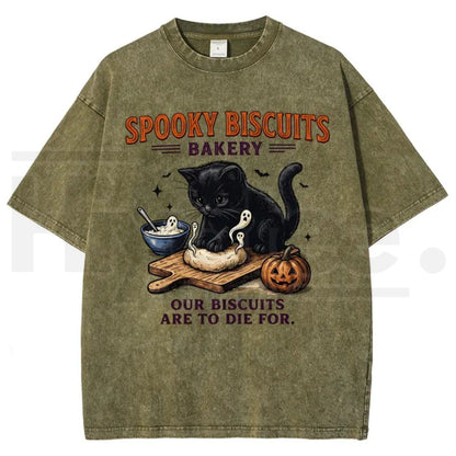 Men's Spooky Biscuits Black Cat Halloween T-Shirt – Vintage Brown Acid-Wash Oversized Cotton Tee