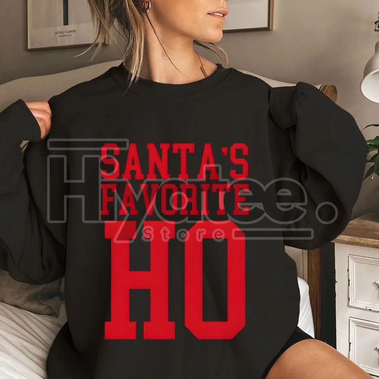 Santa's Favorite Ho Funny Christmas Sweatshirt: Santa Hat Graphic, Sassy Holiday Apparel for Women, Christmas Party Top, Retro Sports Shirts