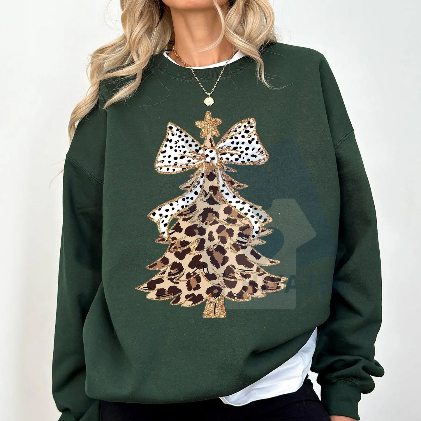 Leopard Print Christmas Tree Sweatshirt: Dalmatian Bow, Santa, Cute Girly Crew Neck Pullover, Women's Holiday Top
