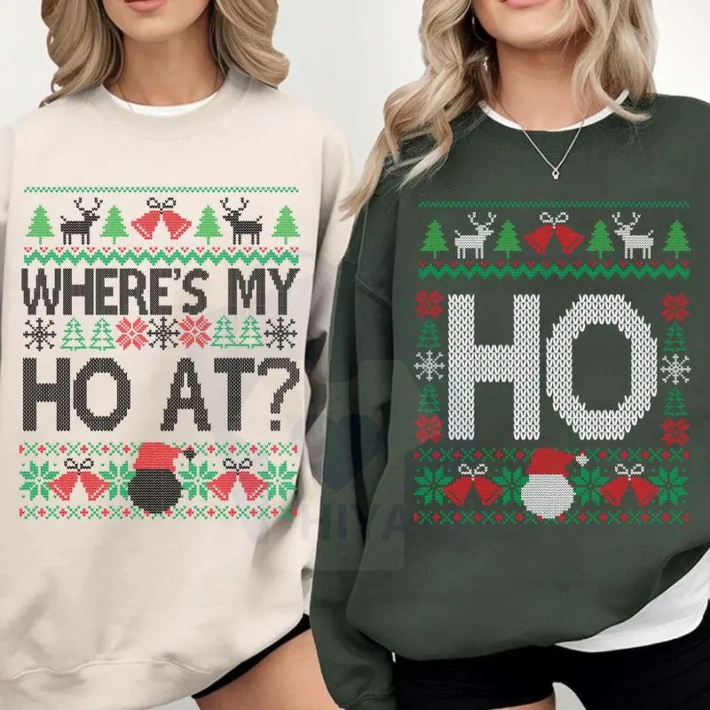 Funny Couples Christmas Sweatshirt Set: "Where’s My Ho At" & "Ho Ugly" Christmas Sweaters, Hilarious Holiday Crewnecks