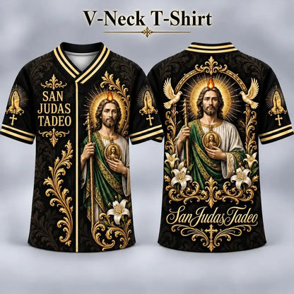 Men's San Judas Tadeo Graphic V-Neck Shirt & Baseball Jersey Style Top