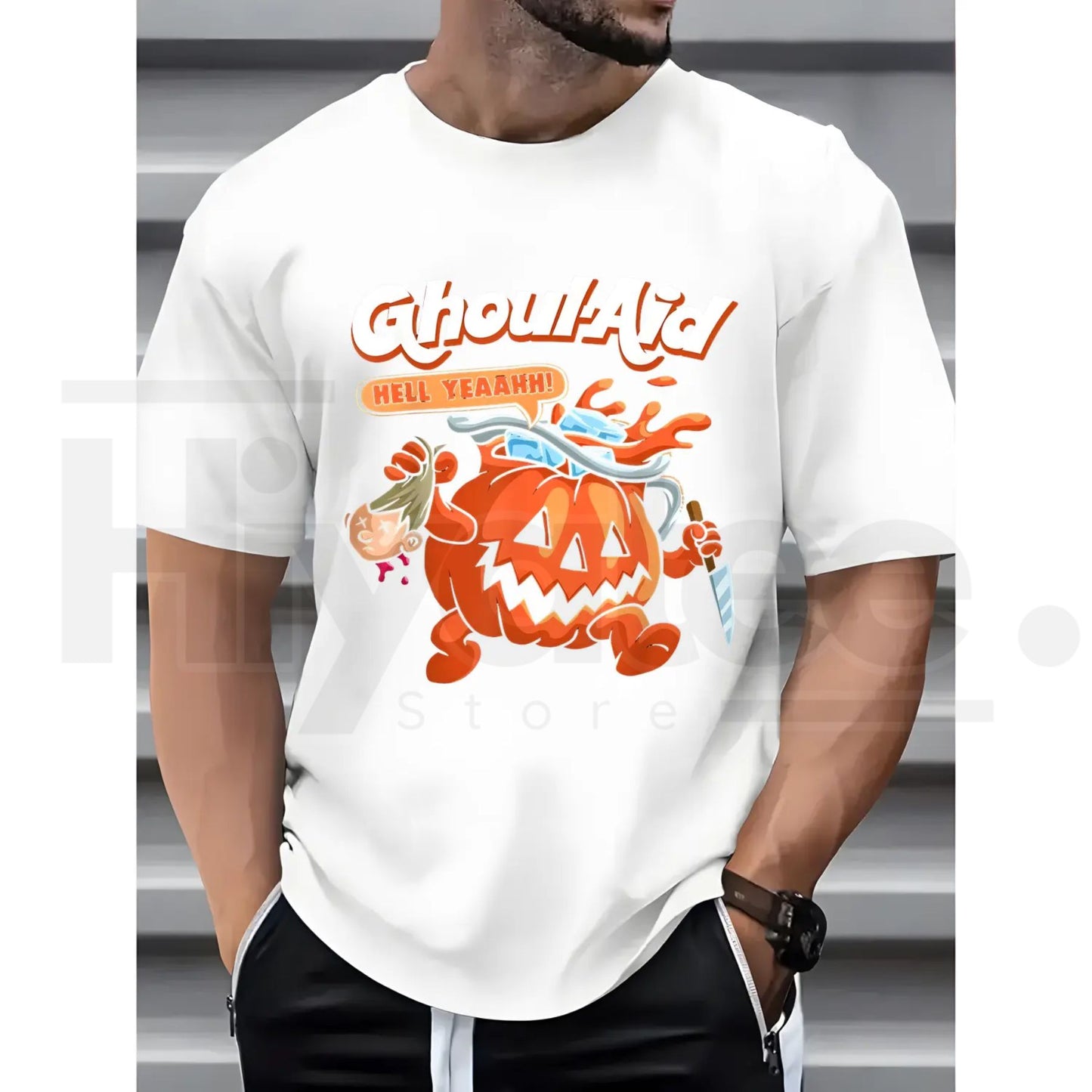 Men's Halloween Ghoul-Aid Pumpkin Graphic T-Shirt – Black Short Sleeve Streetwear Crew Neck Tee