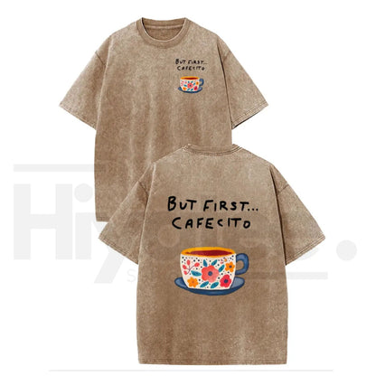 Women's Vintage Acid Washed Coffee Graphic T-Shirt – Casual Thanksgiving Drop Shoulder Top