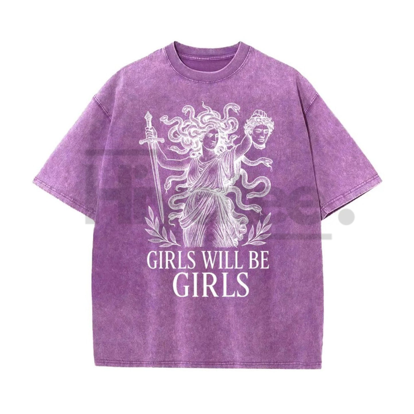 Girls Will Be Girls Medusa T-Shirt – Vintage Washed Graphic Tee, Lightweight Retro Greek Mythology Streetwear, Unisex Oversized Top