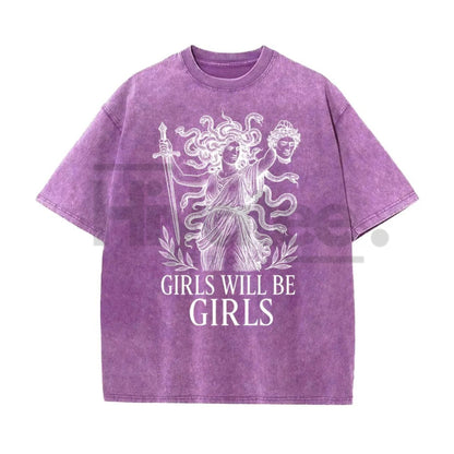 Girls Will Be Girls Medusa T-Shirt – Vintage Washed Graphic Tee, Lightweight Retro Greek Mythology Streetwear, Unisex Oversized Top