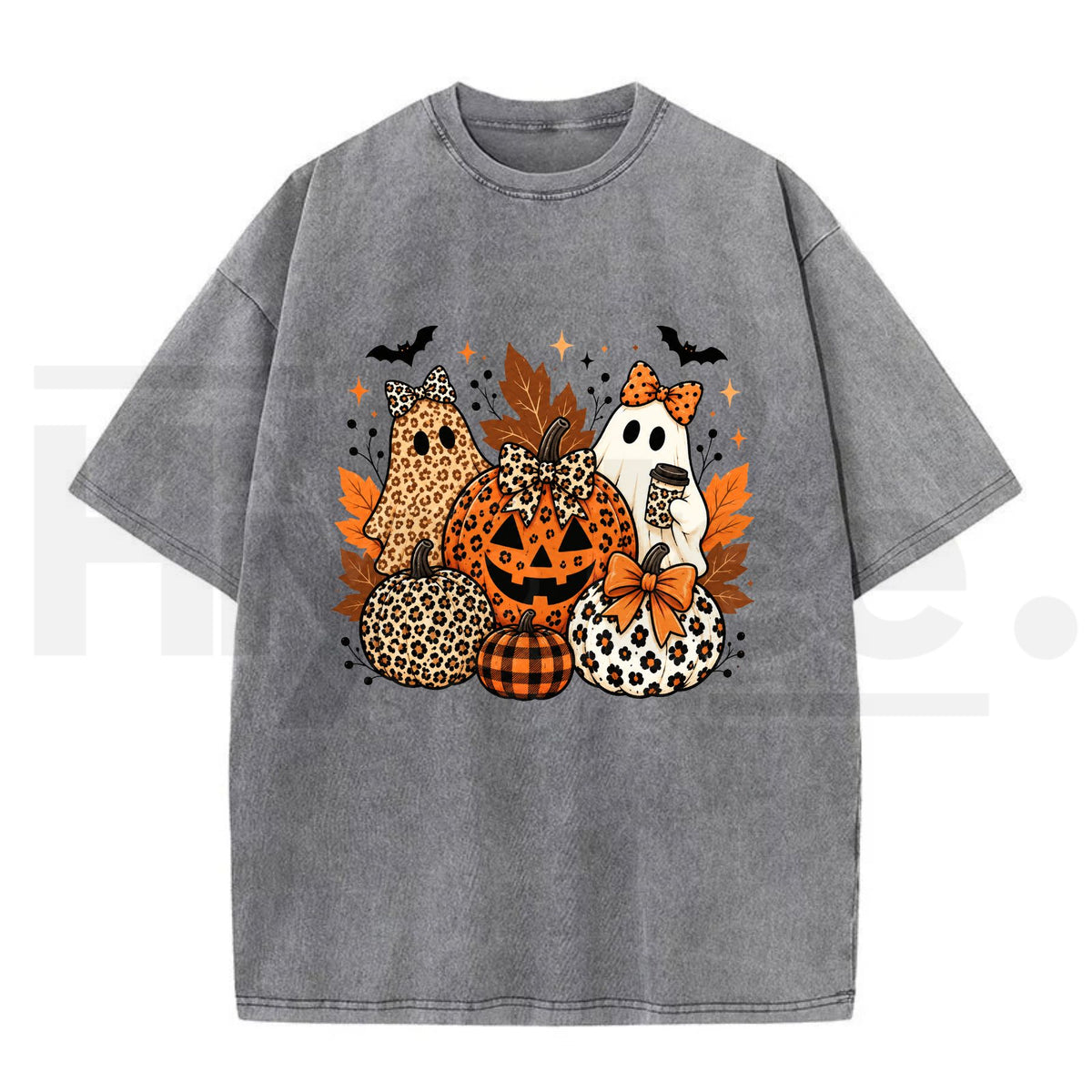 Leopard Bow Ghost Pumpkin Halloween Oversized T-Shirt – Vintage Washed Fall Graphic Tee for Women & Men