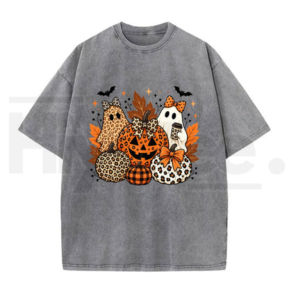 Leopard Bow Ghost Pumpkin Halloween Oversized T-Shirt – Vintage Washed Fall Graphic Tee for Women & Men