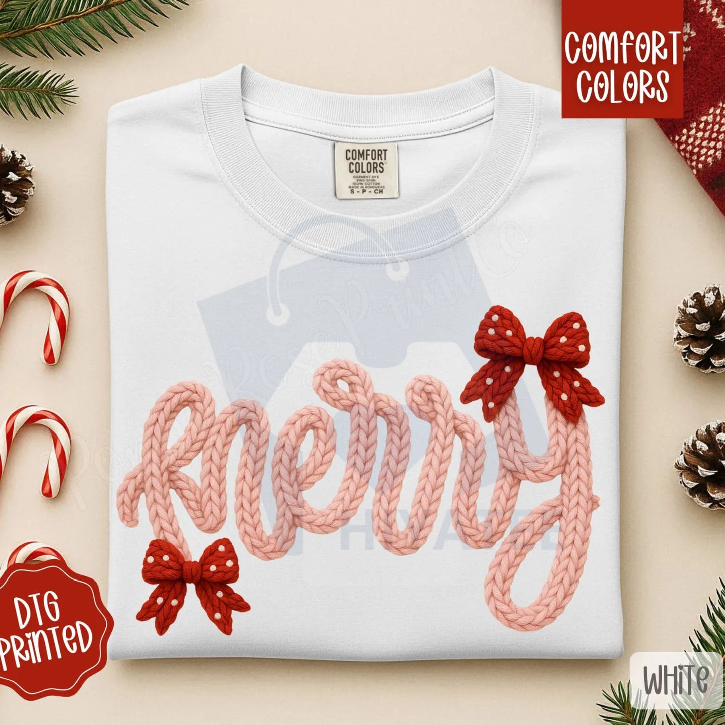Faux Knit Merry Shirt Comfort Colors – Trendy Women's Christmas T-shirt, Vintage Knit Style Holiday Tee