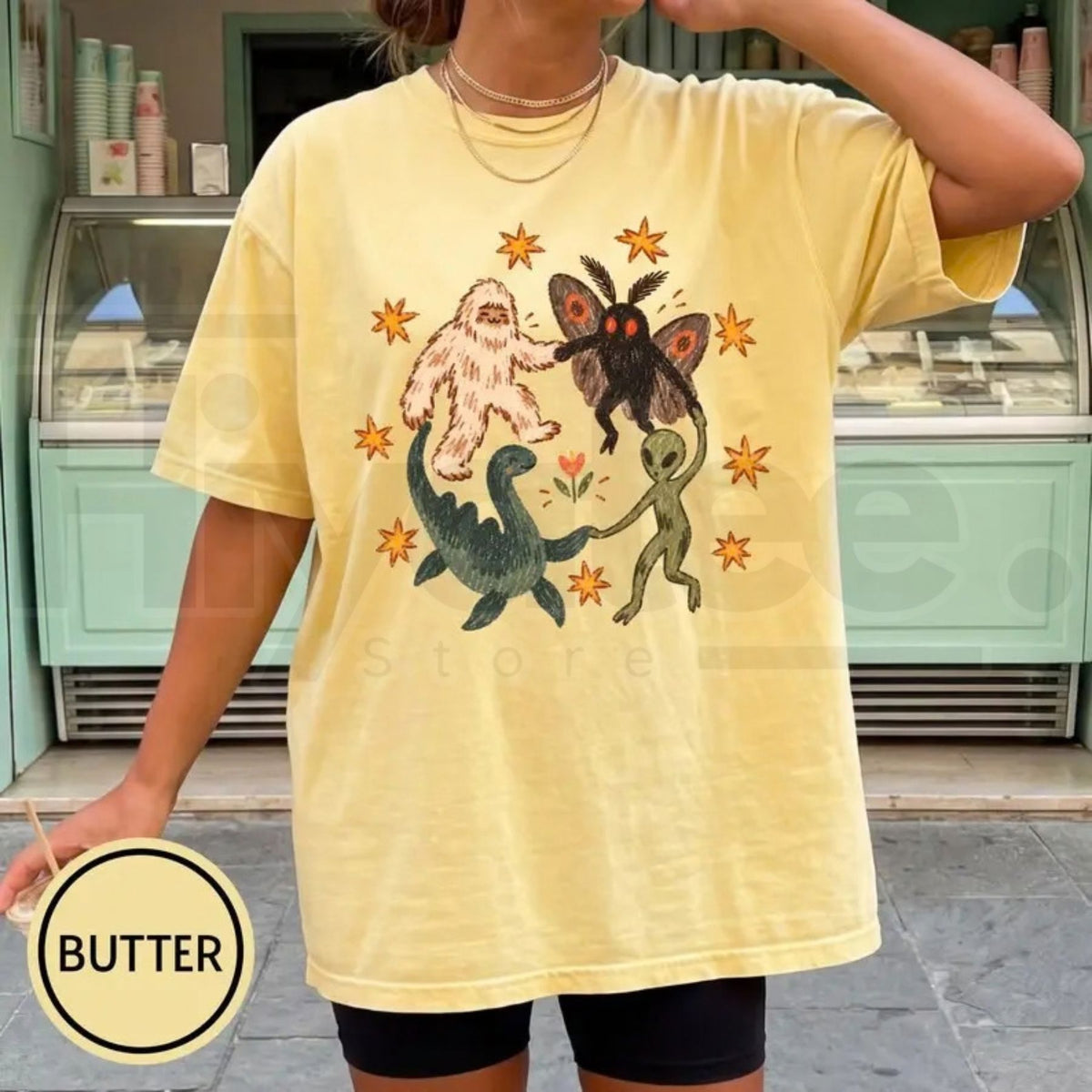 Comfort Colors Dancing Cryptids Bigfoot Mothman Alien Tee
