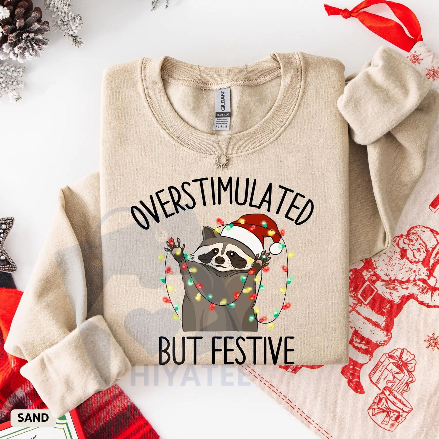 Overstimulated But Festive Raccoon Christmas Sweatshirt: Funny Raccoon Christmas Sweat, Funny Meme Crewneck, Holiday Anxiety Pullover