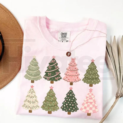 Comfort Colors Whimsical Christmas Trees Pink Holiday Tee