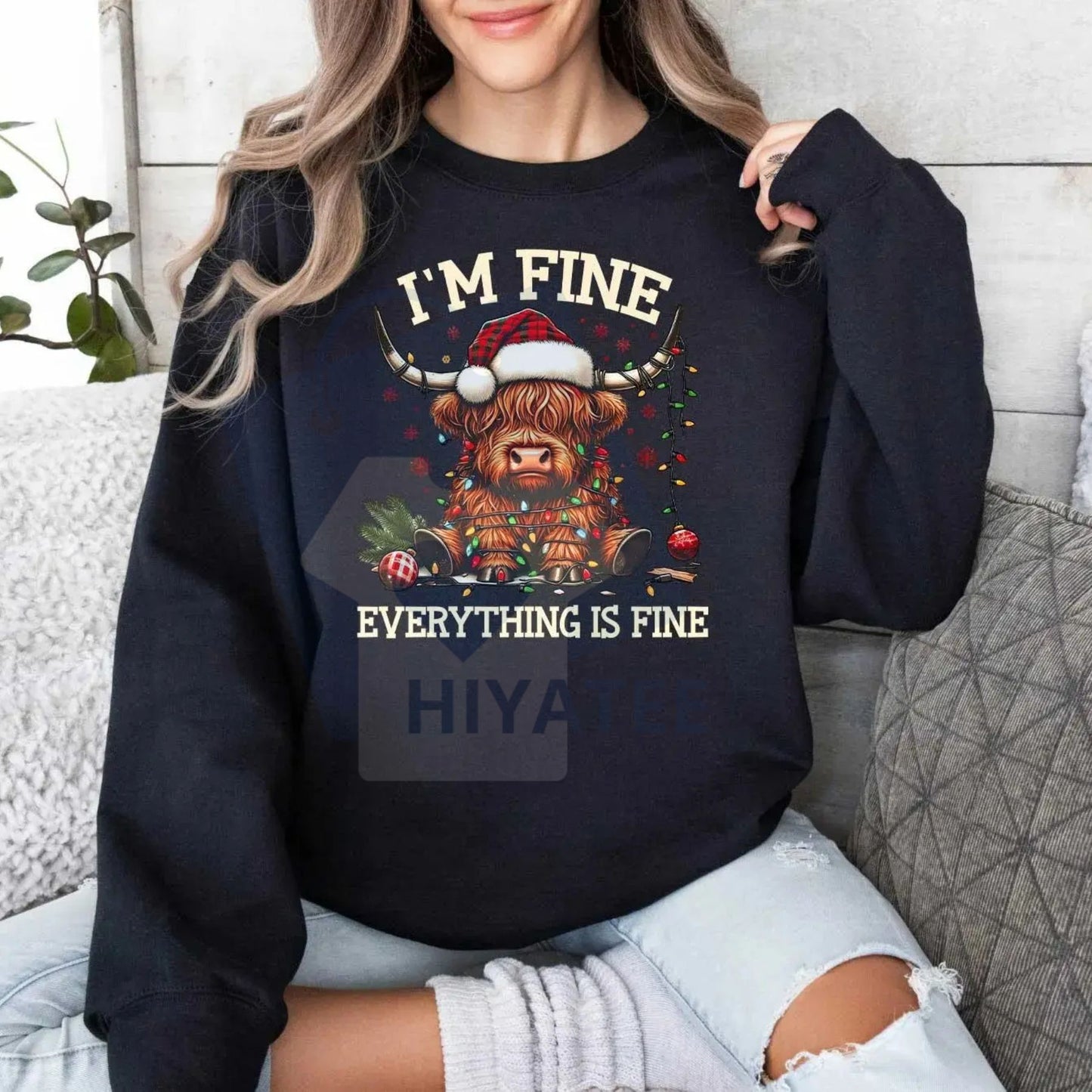 Christmas Lights Cow Sweatshirt [Sale 70%]: Funny Animals Shirt, Christmas Highland Cow Crewneck, Holiday Gift