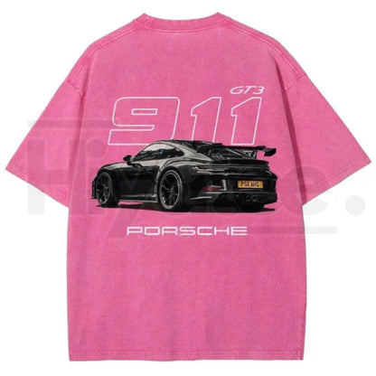 Heavyweight Vintage Washed Grey Porsche 911 GT3 Graphic T-Shirt – Retro German Supercar Track Day Tee