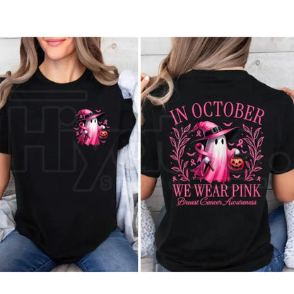 In October We Wear Pink Ghost T-Shirt – Halloween Breast Cancer Awareness Tee