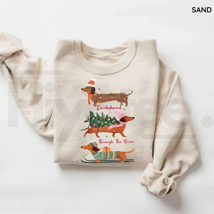 Christmas Wiener Dog Sweatshirt, Retro Dachshund Holiday Graphic Crewneck