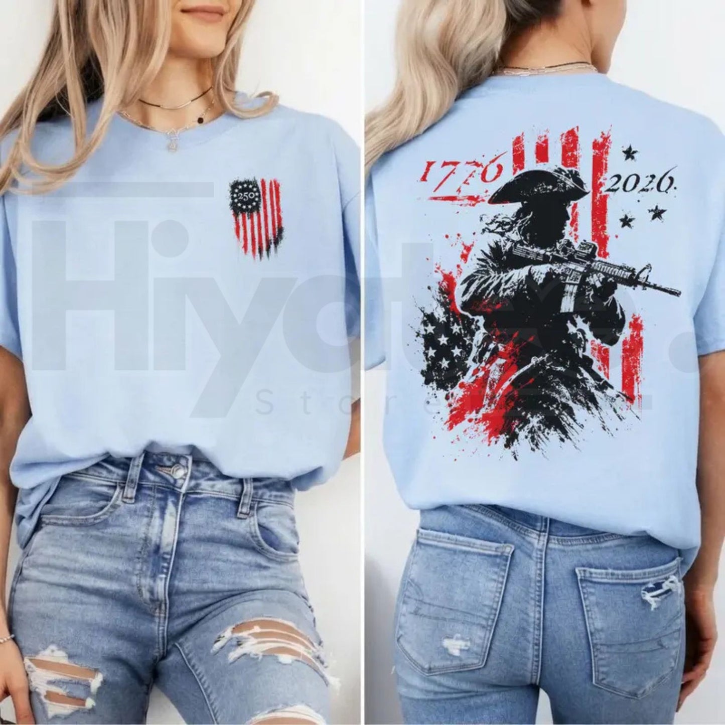 250th Anniversary Distressed American Flag 2-Sided T-Shirt – 1776-2026 Revolutionary Soldier Graphic Tee
