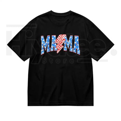 Women's Patriotic Mama Checkered Lightning Bolt Oversized T-Shirt – Retro 4th of July Graphic Tee