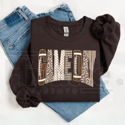 Preppy Football Game Day Sweatshirt – Touchdown Football Mom Crewneck, Leopard Checkered Gingham Pullover