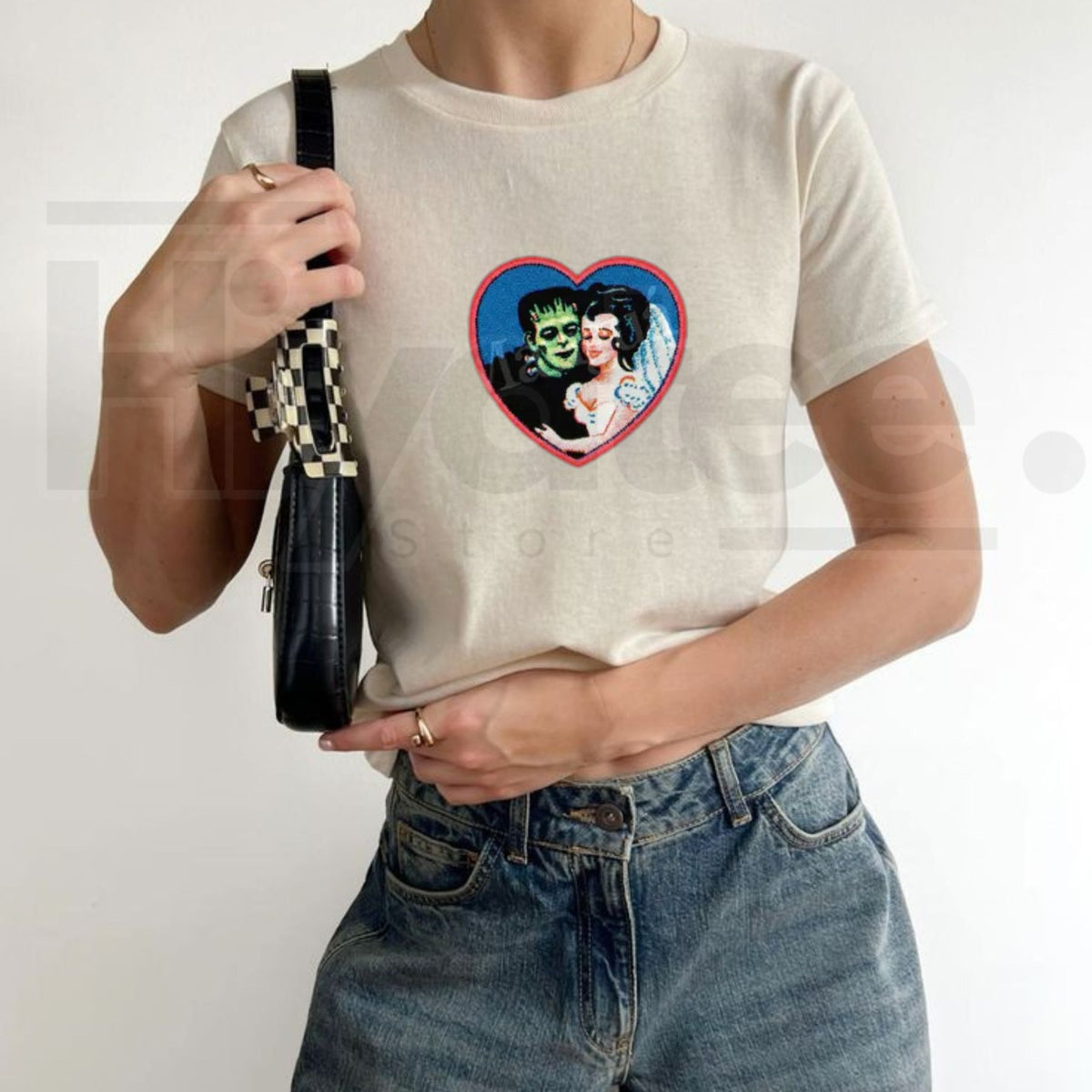 Retro Frankenstein Monster Baby Tee – Vintage 2000s Dark Fantasy Y2K Style Halloween Shirt
