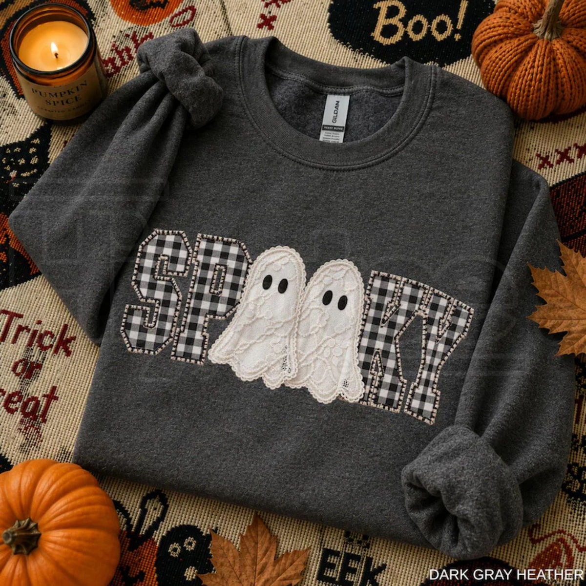 Faux Patchwork Spooky Ghost Sweatshirt – Cozy Fall Halloween Gingham Applique Crewneck