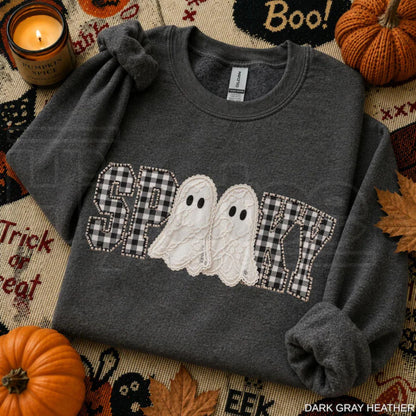 Faux Patchwork Spooky Ghost Sweatshirt – Cozy Fall Halloween Gingham Applique Crewneck