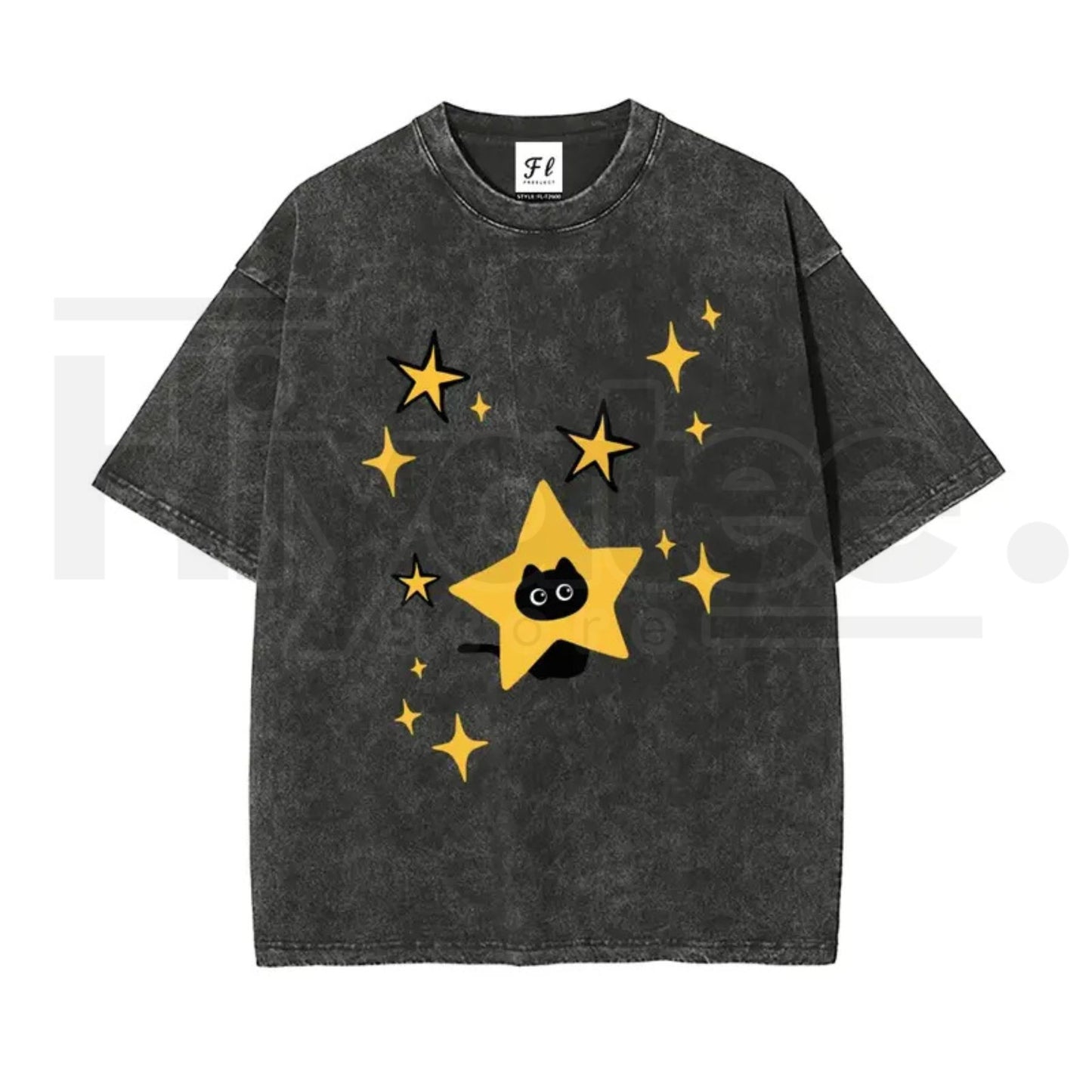 Unisex Minimalist Black Cartoon Kitten and Five-Pointed Star Graphic Washed T-Shirt – Y2K Vintage Oversized Cotton Top