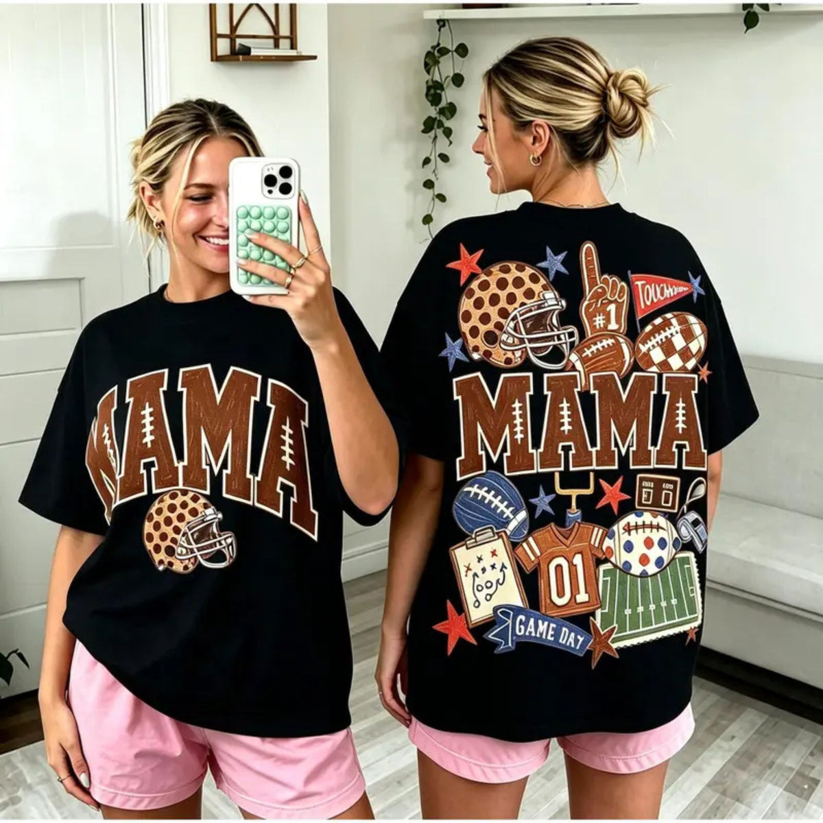 Mama Football T-Shirt – Coquette Bow & Leopard Print Game Day Tee, Double-Sided Sports Mom Shirt