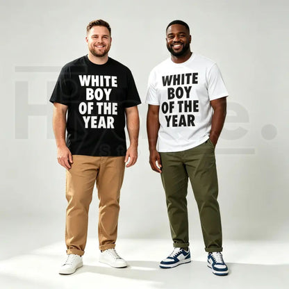 Men's White Boy Of The Year Oversized Round Neck Funny Meme Graphic T-Shirt