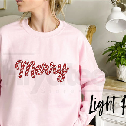 Embroidered Merry Christmas Sweatshirt, Candy Cane Holiday Graphic Pullover