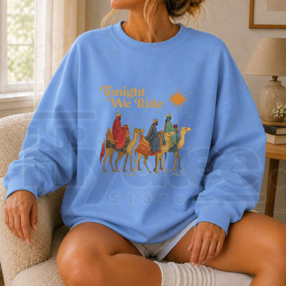 Retro Tonight We Ride Christian Christmas Sweatshirt, Three Wise Men Faith Graphic Pullover