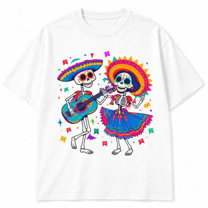 Vibrant Folk Art Skeleton Dance T-Shirt – Colorful Skull & Guitar Spring Summer Graphic Tee