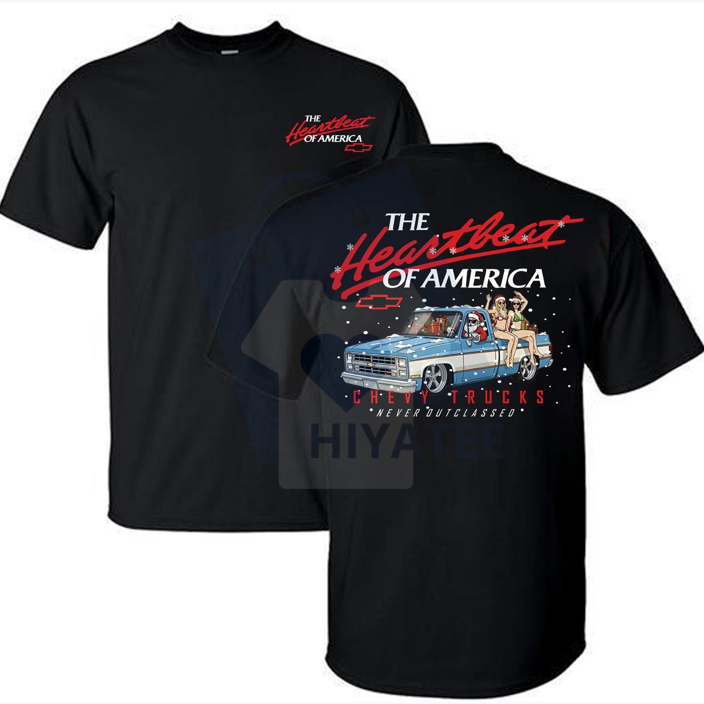 Retro Chevy "Heartbeat of America" Christmas T-shirt – Vintage Holiday Motors Tee