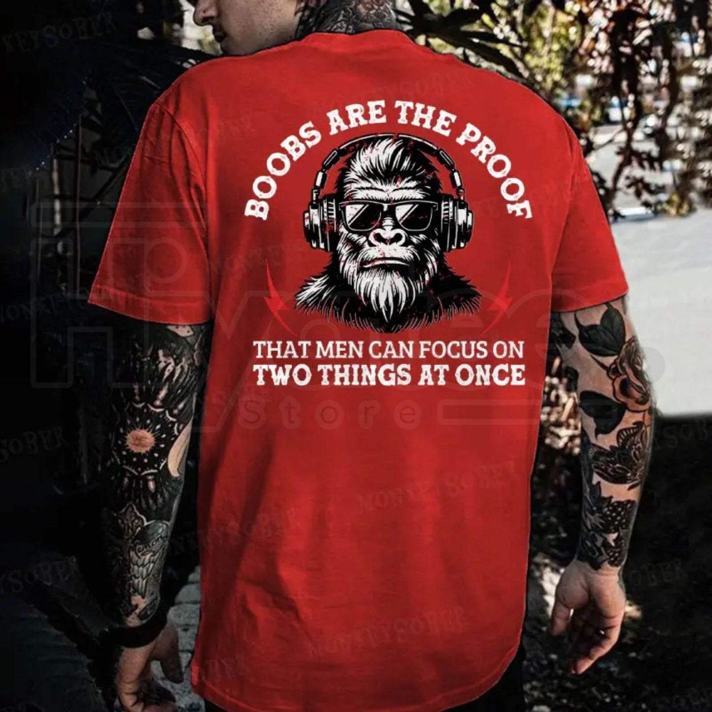 "Men Can Focus On Two Things" – Funny Sarcastic Monkey Graphic Top