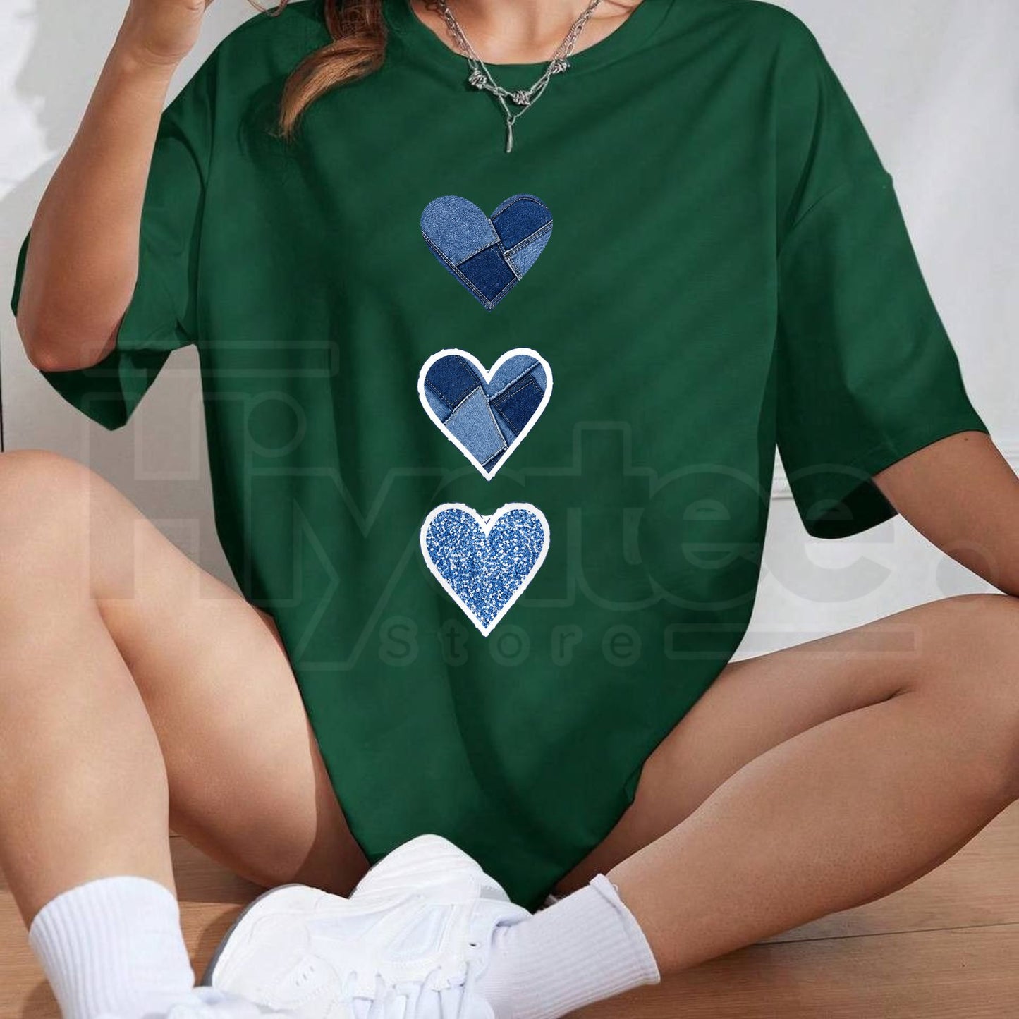 Women's Denim Heart Graphic T-Shirt – Cute Casual Summer Streetwear Top