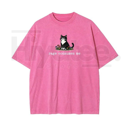 Funny Cat Meme Vintage Washed T-Shirt – “Rage Consumes Me” Oversized Cotton Graphic Tee
