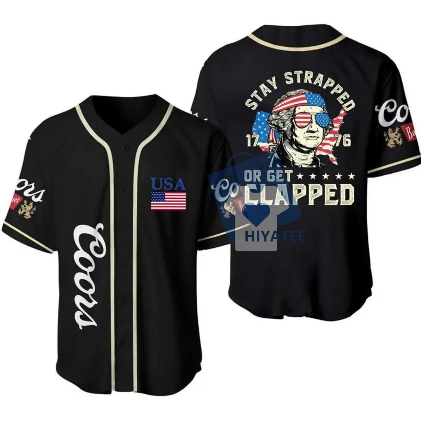 4th of July Coor Beer Baseball Jersey – Stay Strapped or Get Clapped 1776 George Washington Shirt, Vintage USA Flag Party Outfit
