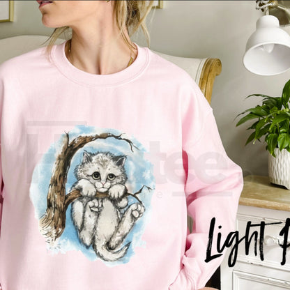 Vintage Kitten Graphic Sweatshirt - Cute Sad Cat in Winter Tree Crewneck Pullover