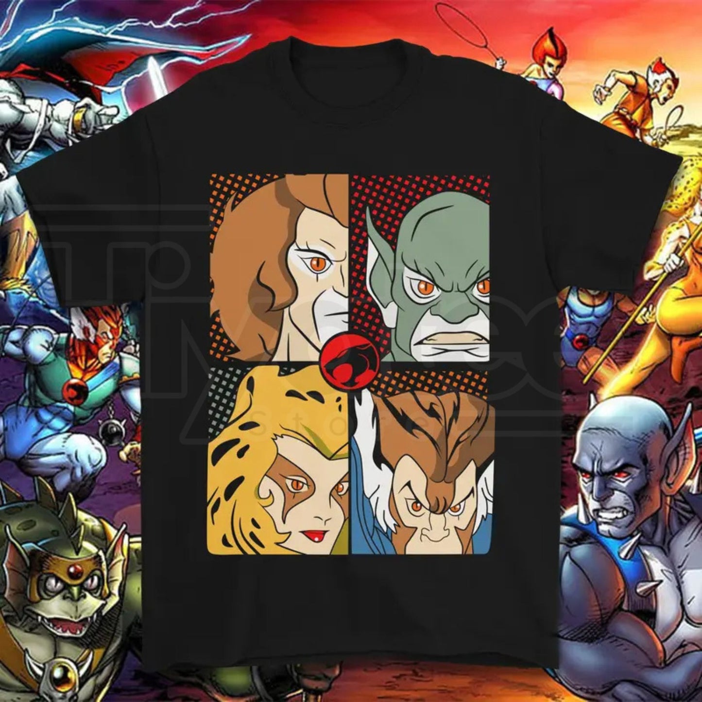 Vintage 80s Cartoon Thundercats Graphic Tee – Retro Character Grid Streetwear T-Shirt