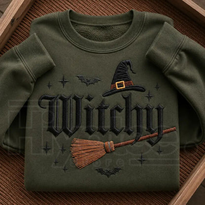 Filmyhub Embroidered Witchy Halloween Sweatshirt – Bat & Broomstick Costume Crewneck