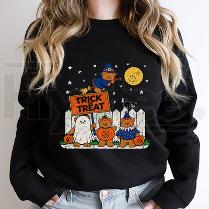 Trick or Teddies Halloween Graphic Crewneck – Cute Teddy Bear Spooky Fall Pullover, Retro Xmas & Halloween Sweater