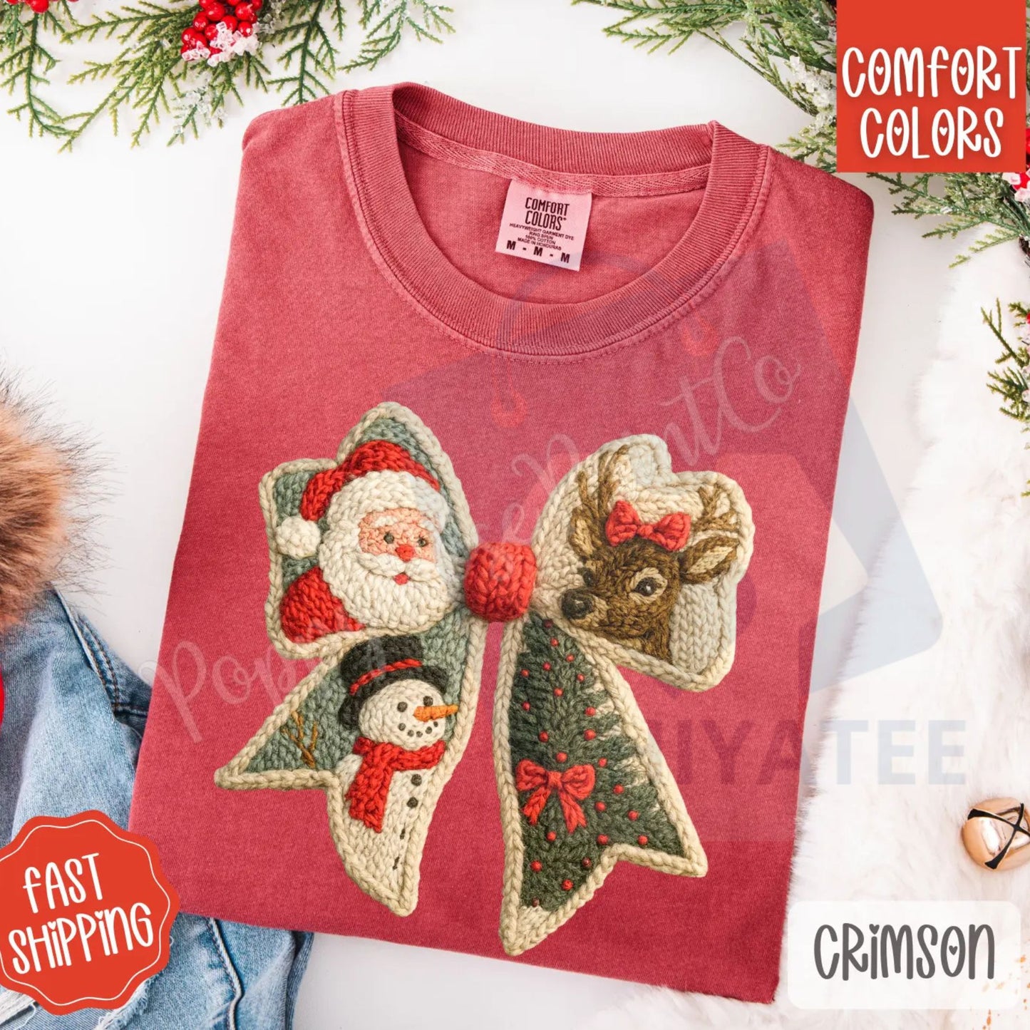 Knit Christmas Bow Shirt Comfort Colors – Trendy Women's Holiday T-shirt, Vintage Faux Knit Aesthetic Tee