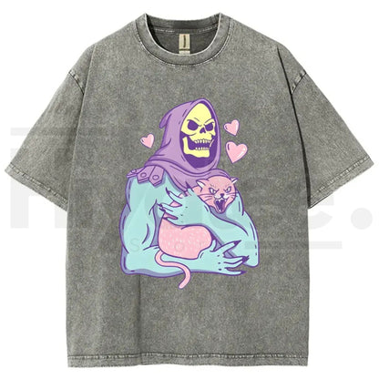 Urban Funny Skull Cat Unisex Graphic T-Shirt – 80s 90s Retro Streetwear Heavyweight Cotton Washed Tee