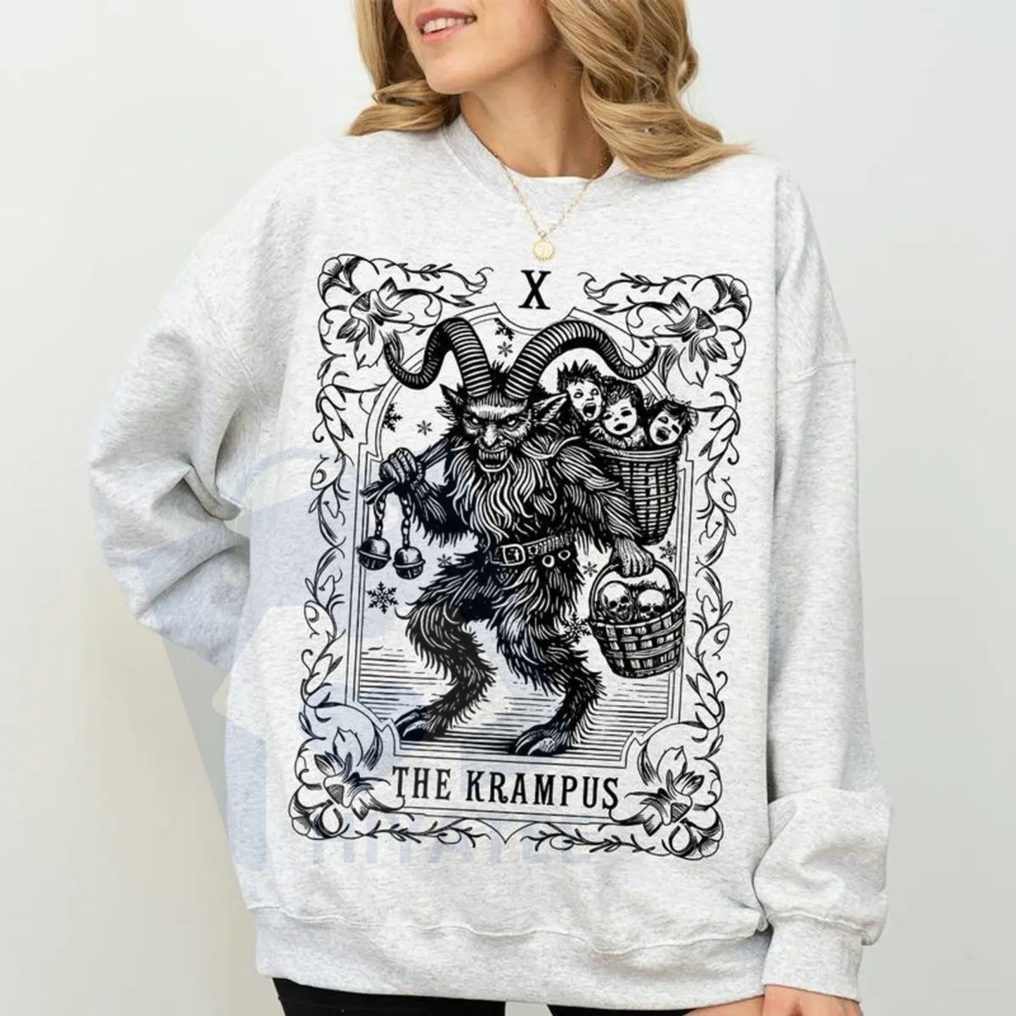The Krampus Tarot Card Goth Christmas Sweatshirt: Scary Horror Spooky Xmas Krampus Shirt, Dark Xmas Humor Pullover Tee