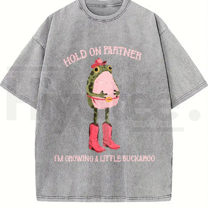Hold On Partner I'm Growing A Little Buckaroo Vintage Washed T-Shirt – Retro Cowboy Frog Graphic Tee