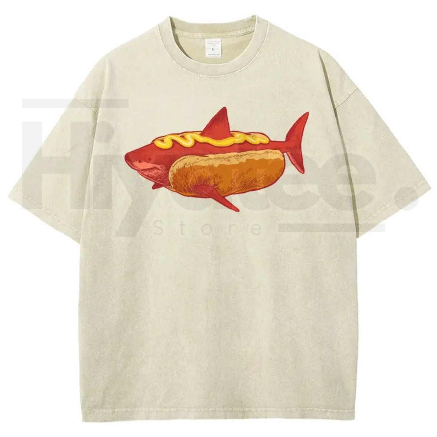 Shark Hotdog Funny Food Meme Vintage Washed Tee – Weirdcore Ocean Animal Graphic T-Shirt