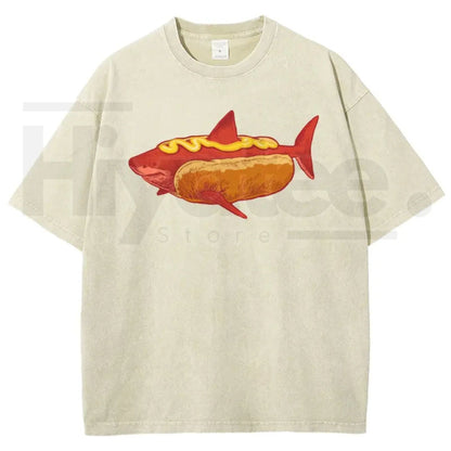 Shark Hotdog Funny Food Meme Vintage Washed Tee – Weirdcore Ocean Animal Graphic T-Shirt