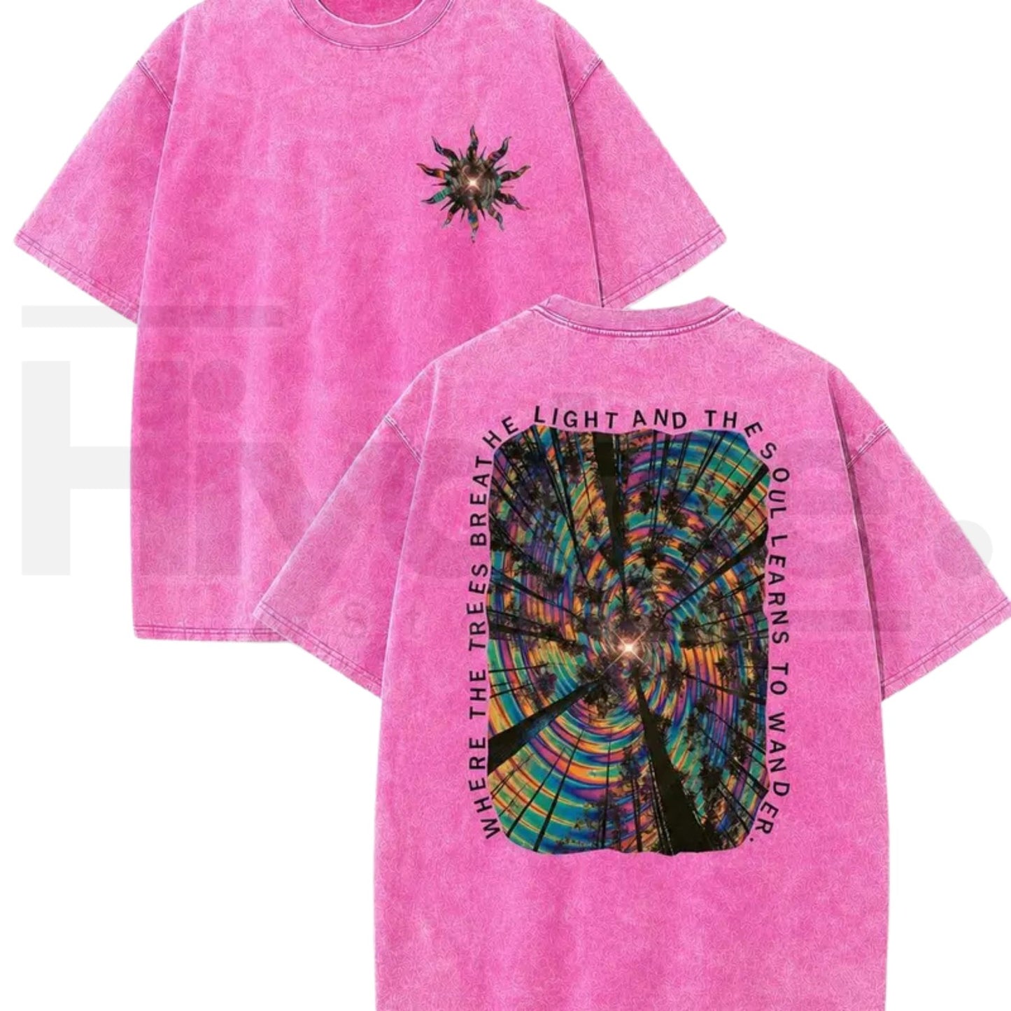 Vintage Acid Wash Trippy Forest Graphic Tee – Psychedelic Festival Y2K Oversized Cotton Shirt