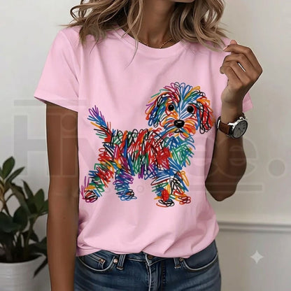 Rainbow Line Puppy Print Cotton T-Shirt – White Creative Graffiti Style Dog Lover's Top