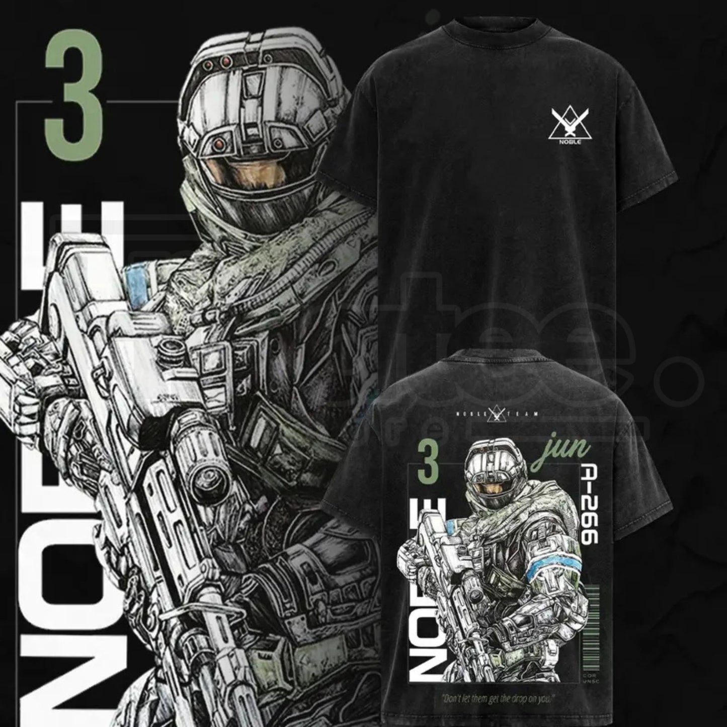 Noble Team V3 Halo Reach Double Printed Acid Washed Tee – Vintage Gaming Graphic T-Shirt